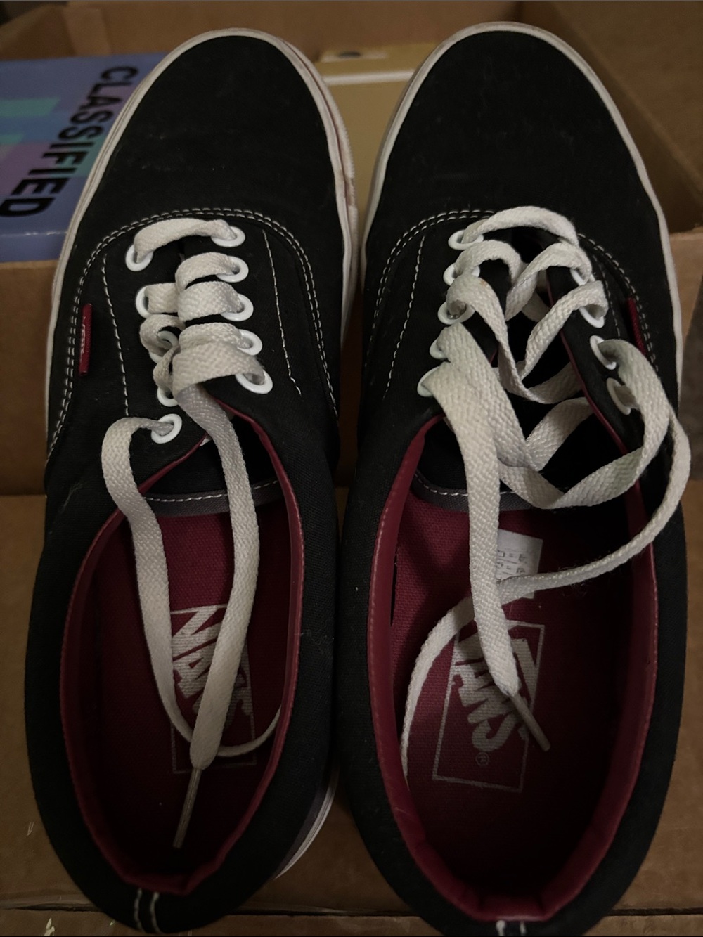 Vans Men’s Black Canvas Low-Top Sneakers with Maroon Linings and White Laces